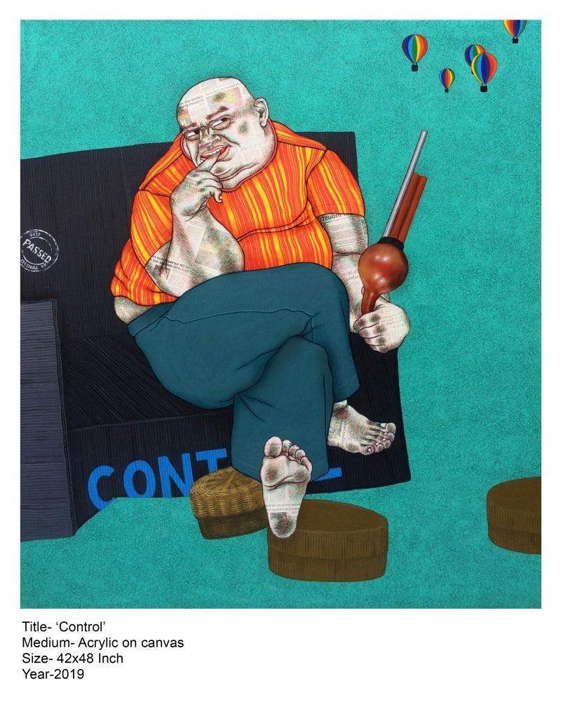 contemporary acrylic painting titled 'CONTROL', 42x48 inches, by artist Mrinal Dey on canvas