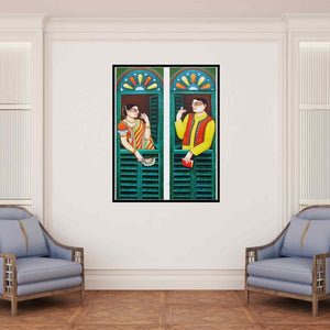 In-situ view of Gautam Mukherjee's 'Conversation' painting in a room