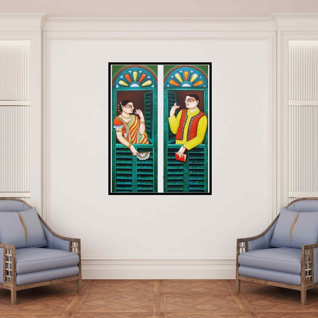 In-situ view of Gautam Mukherjee's 'Conversation' painting in a room