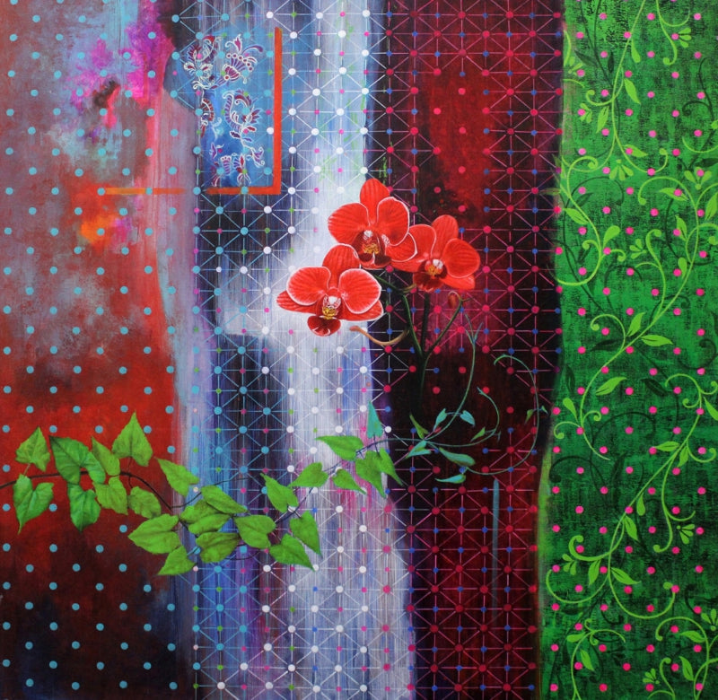 Conversation' contemporary acrylic painting by artist Nijesh Mohan, 35x35 inch, on canvas