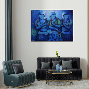 Anupam Pal's 'Conversation 31' painting visualized above a sofa in a contemporary room.