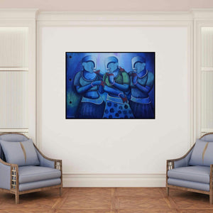 'Conversation 31' painting by Anupam Pal shown on a wall in a furnished room.