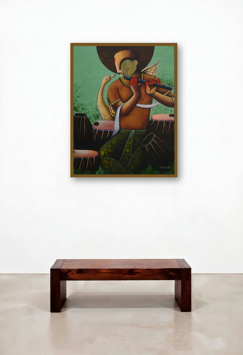 Conversation 50 (The Divine Flutist: Krishna and the Swan) by artist Anupam Pal displayed in a Classic Family Room