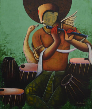 Religious acrylic painting titled 'Conversation 50', 42x36 inches, by artist Anupam Pal on canvas