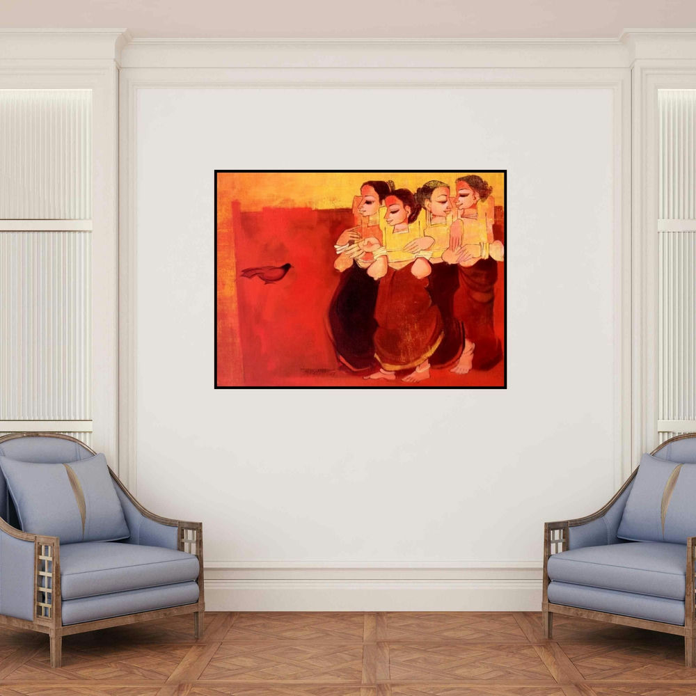 'Conversation' painting by Sarang Waghmare shown on a wall in a furnished room.