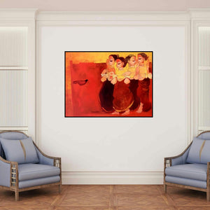 'Conversation' painting by Sarang Waghmare shown on a wall in a furnished room.