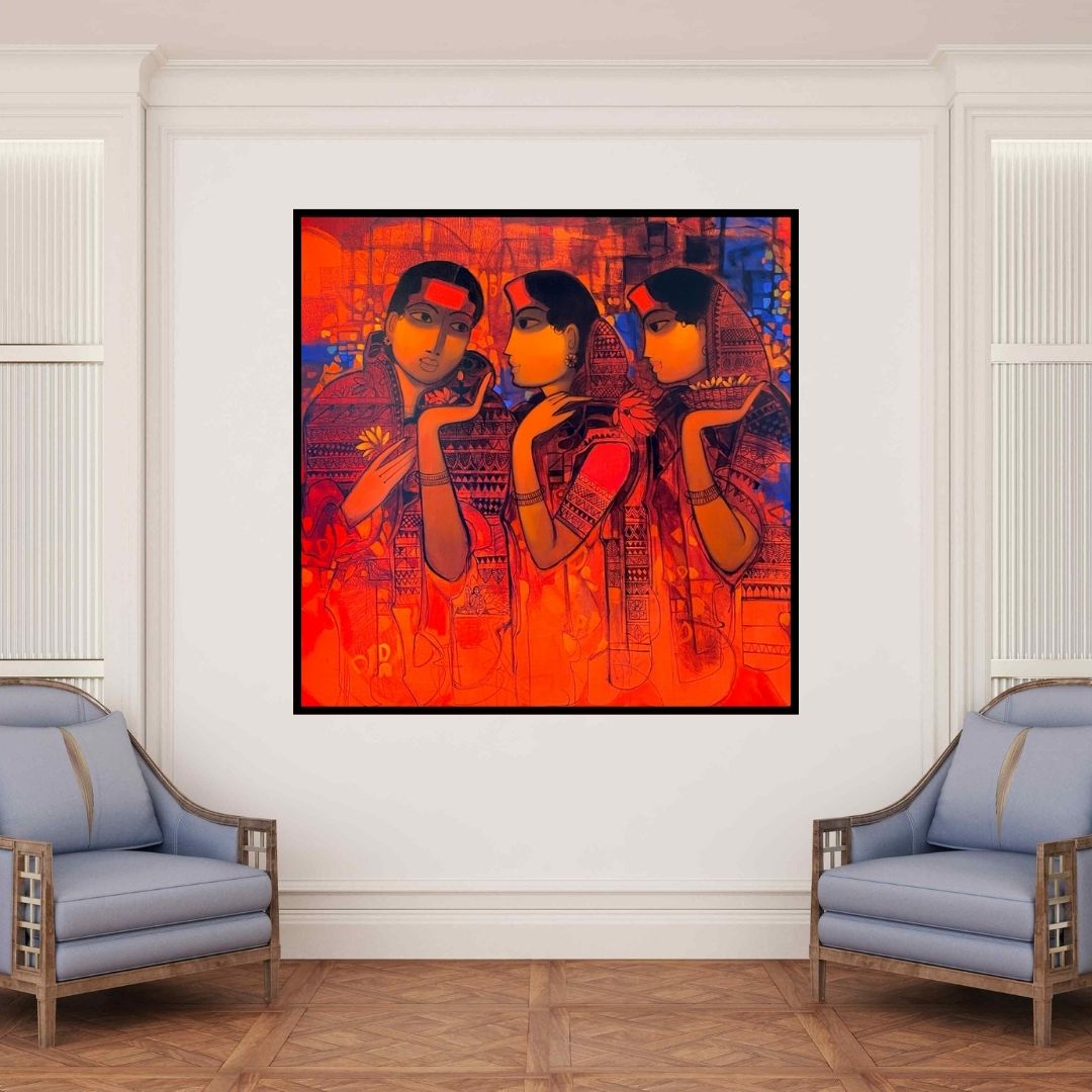 In-situ view of Sachin Sagare's 'Conversation' painting in a room