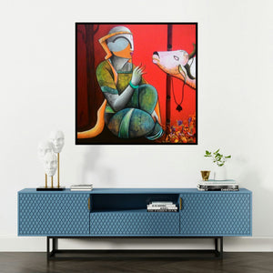 'In A Conversation' painting by Anupam Pal shown on a wall in a furnished room.