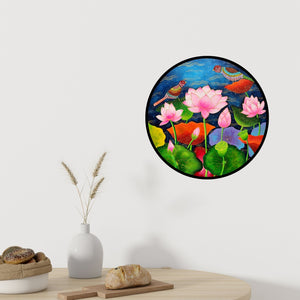 In-situ view of Amita Dand's 'Conversations (Lotus Pond Serenade)' painting in a room