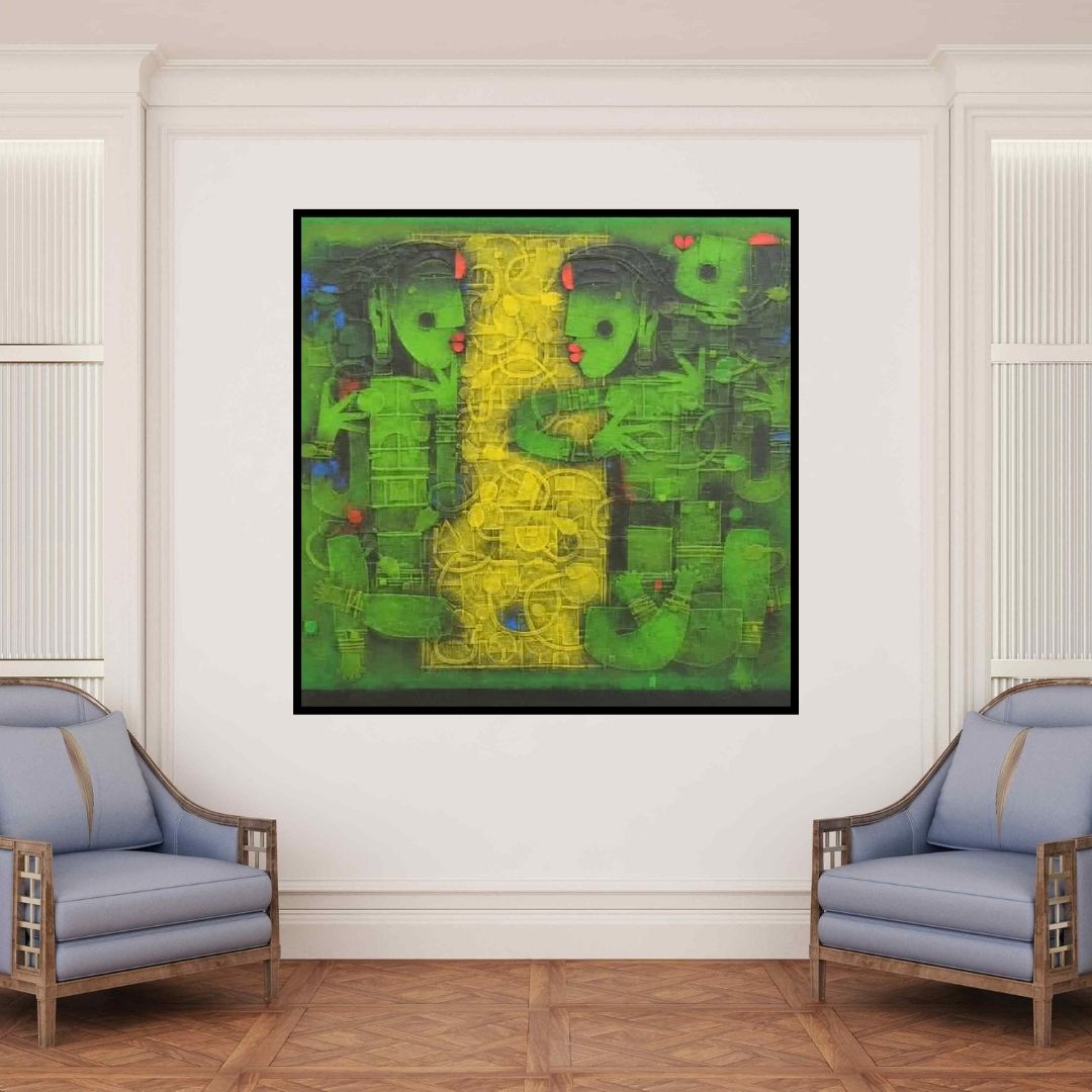 In-situ view of Basuki Dasgupta's 'Converse (The Cosmic Dance)' painting in a room