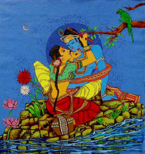 Convincing Krishna (Radha Krishna Romance) by Someshwar, Original Acrylic Religious Painting on Canvas, Medium Vertical Wall Art