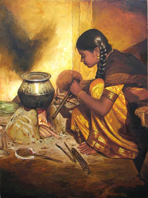 Figurative oil painting titled 'Cooking Girl', 24x18 inches, by artist S Elayaraja on Canvas
