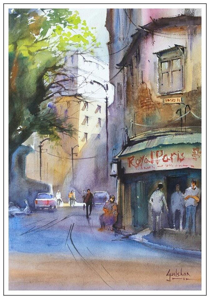 Cityscape watercolor painting titled 'Corner Discussions', 19x13 inches, by artist Gulshan Achari on Paper