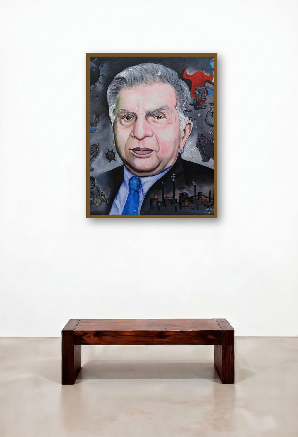 Corona Fighter Ratan Tata (Ratan Tata Addressing an Audience) by artist Arjun Das displayed in a Coastal Penthouse