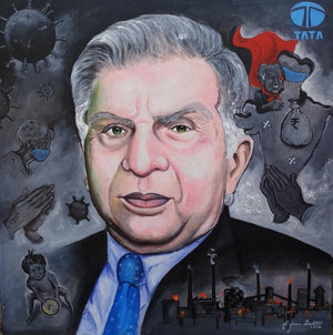 Corona Fighter Ratan Tata (Ratan Tata Addressing an Audience) by Arjun Das, Original Acrylic Impressionist Painting on Canvas, Medium Square Wall Art