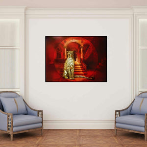 'Cosmic Conciousness (The Silent Guardian)' painting by Guru Kinkar shown on a wall in a furnished room.