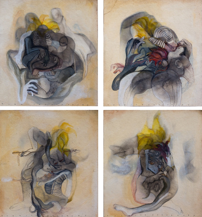 'Cosmophobic 2' contemporary mixed-media painting by artist Susmita Chowdhury, 30x22 inch, on paper