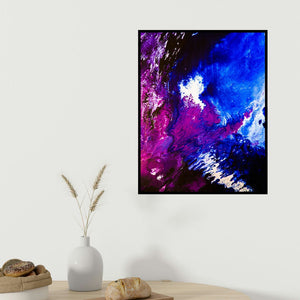 Kartikey Sharma's 'Cosmos 1' painting visualized above a sofa in a contemporary room.