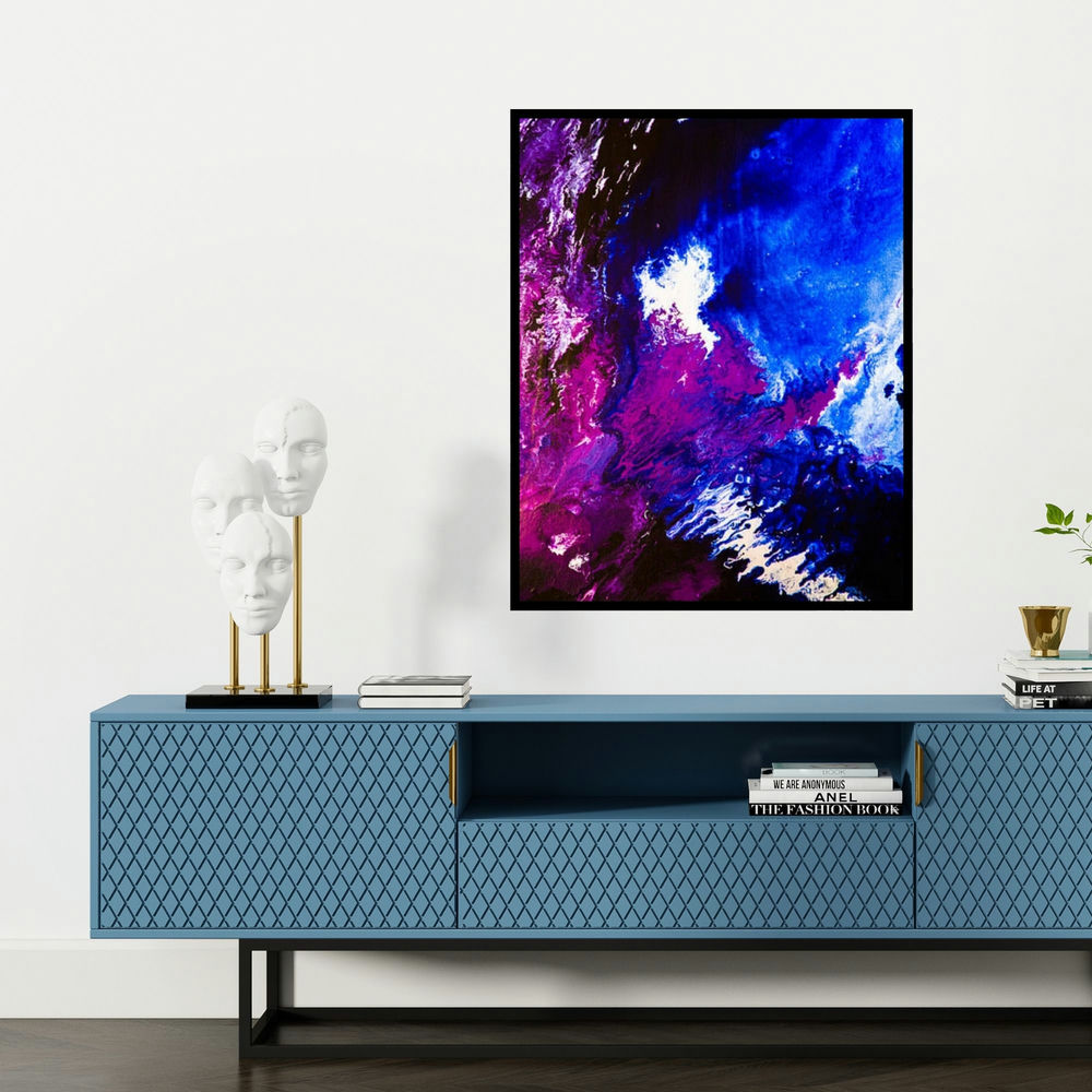'Cosmos 1' painting by Kartikey Sharma shown on a wall in a furnished room.