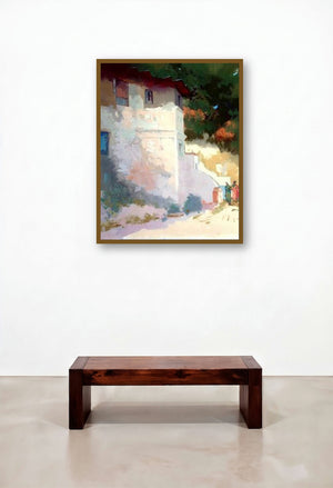 Country Side I (Sunlit Dwelling) by artist Sikandar Mulla displayed in a Art Deco Library