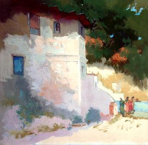 Country Side I (Sunlit Dwelling) by Sikandar Mulla, Original Postercolor Nature Painting on Paper, Small Horizontal Wall Art