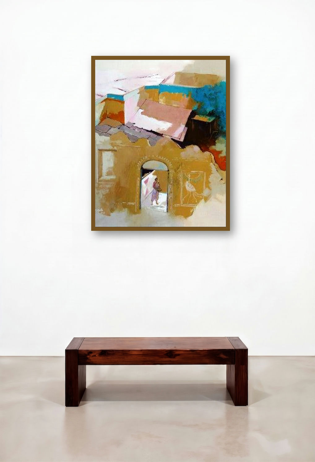 Country Side Iii (Village Gateway) by artist Sikandar Mulla displayed in a Japandi Penthouse