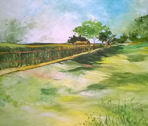 Countryside (Rural Reverie) by Shubhamshiva, Original Acrylic Nature Painting on Canvas, Large Horizontal Wall Art