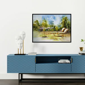 Preview of 'Countryside India (Rural Harmony)' Painting by Sanjay Dhawale shown on a wall in a furnished room.