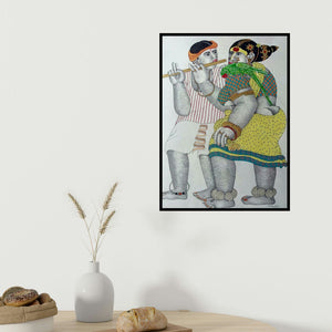 Bhawandla Narahari's 'Couple 1 (Melody and Company)' painting visualized above a sofa in a contemporary room.
