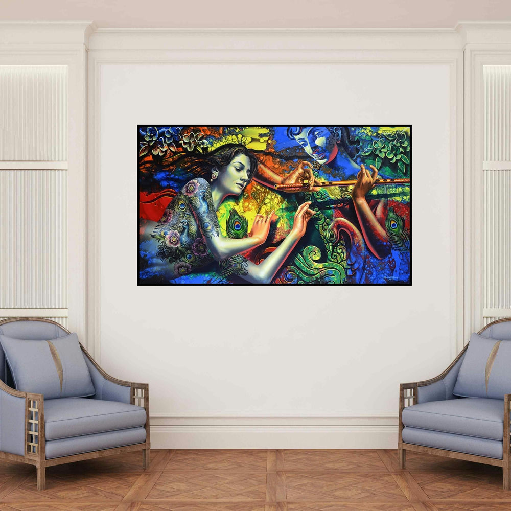 'Couple 1' painting by Prashanta Nayak shown on a wall in a furnished room.