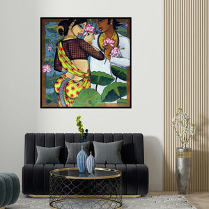 Varsha Kharatamal's 'Couple' painting visualized above a sofa in a contemporary room.