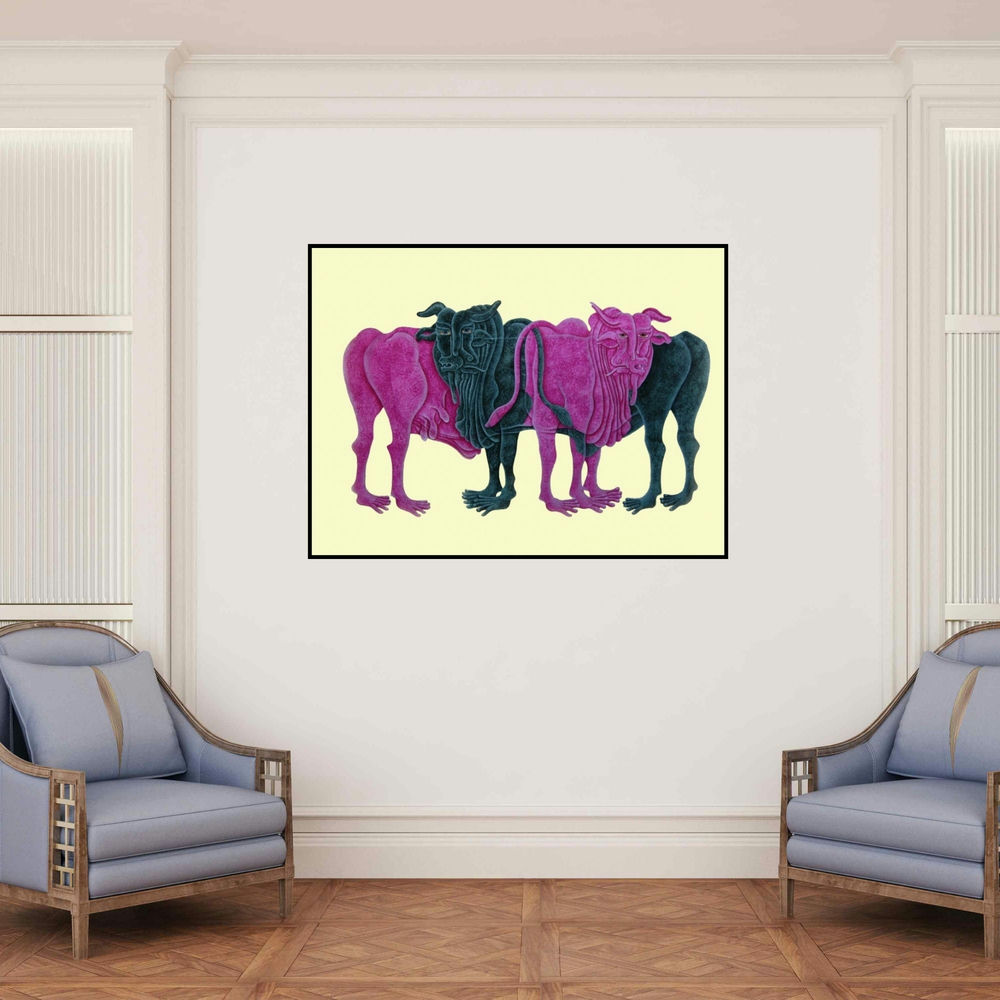 'Couple (The Gathering)' painting by Dharmendra Kumar shown on a wall in a furnished room.