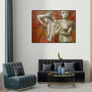 Sukanta Das's 'Couple 2' painting visualized above a sofa in a contemporary room.