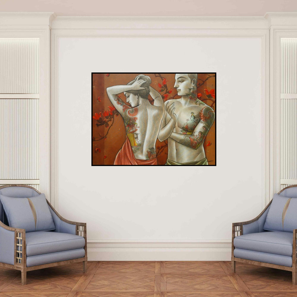 'Couple 2' painting by Sukanta Das shown on a wall in a furnished room.