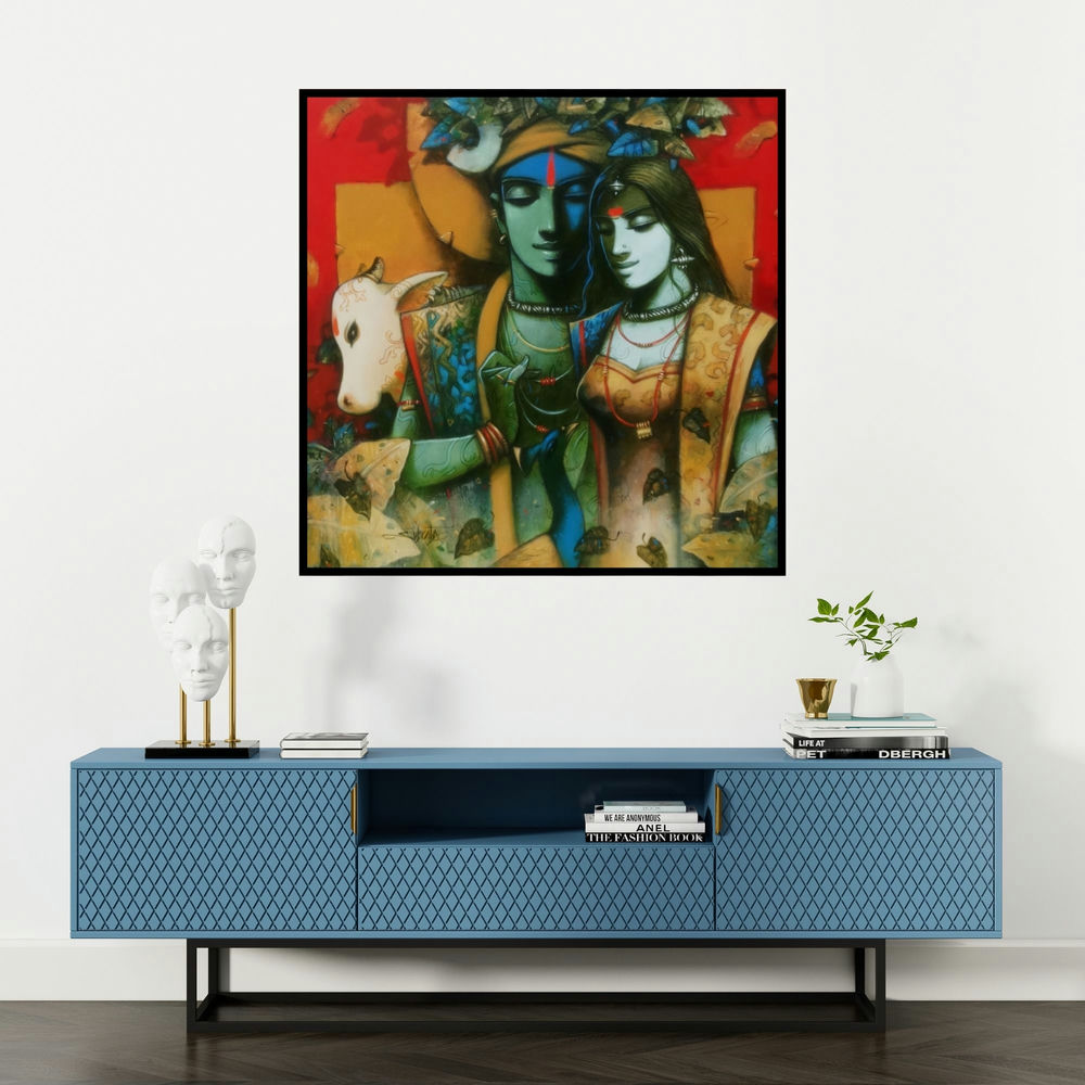 'Couple (The Eternal Bond)' painting by Subrata Das shown on a wall in a furnished room.