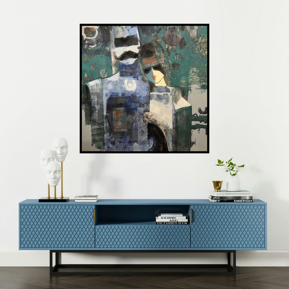 'Couple' painting by Sachin Jaltare shown on a wall in a furnished room.
