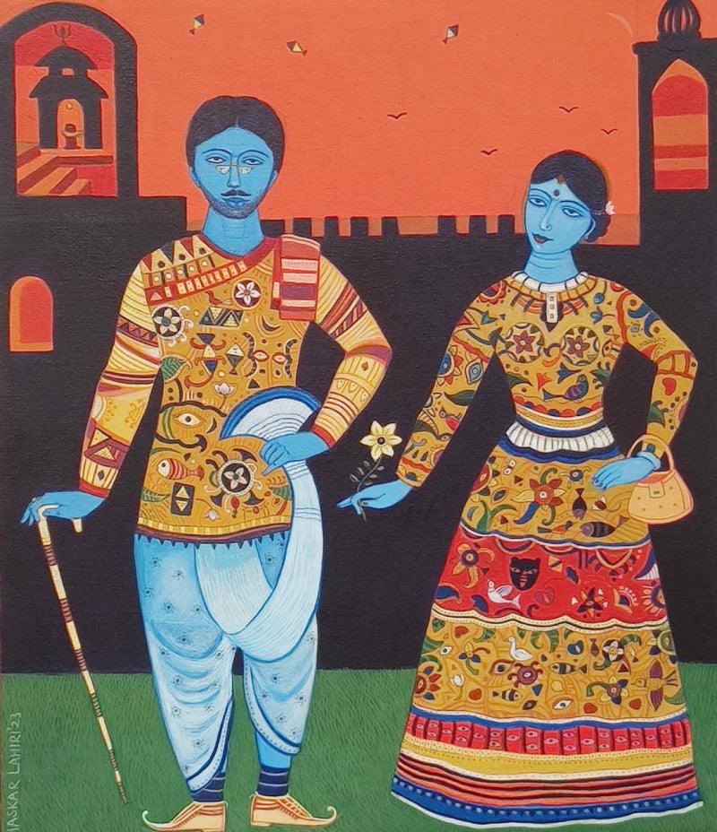 Figurative acrylic painting titled 'Couple', 30x26 inches, by artist Bhaskar Lahiri on Canvas