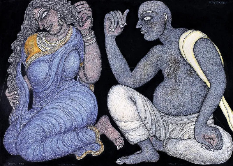 Figurative serigraphs painting titled 'Couple', 22x30 inch, by artist Jogen Chowdhury on Paper