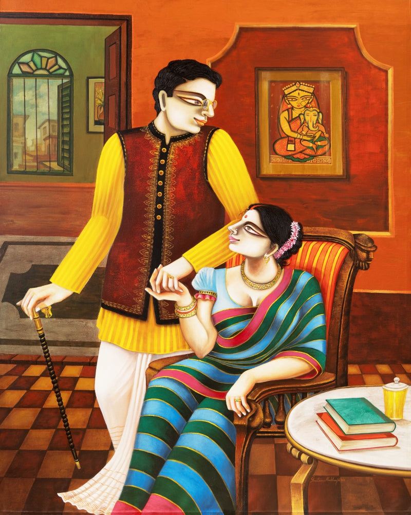 'Couple' figurative acrylic painting by artist Gautam Mukherjee, 60x48 inch, on canvas