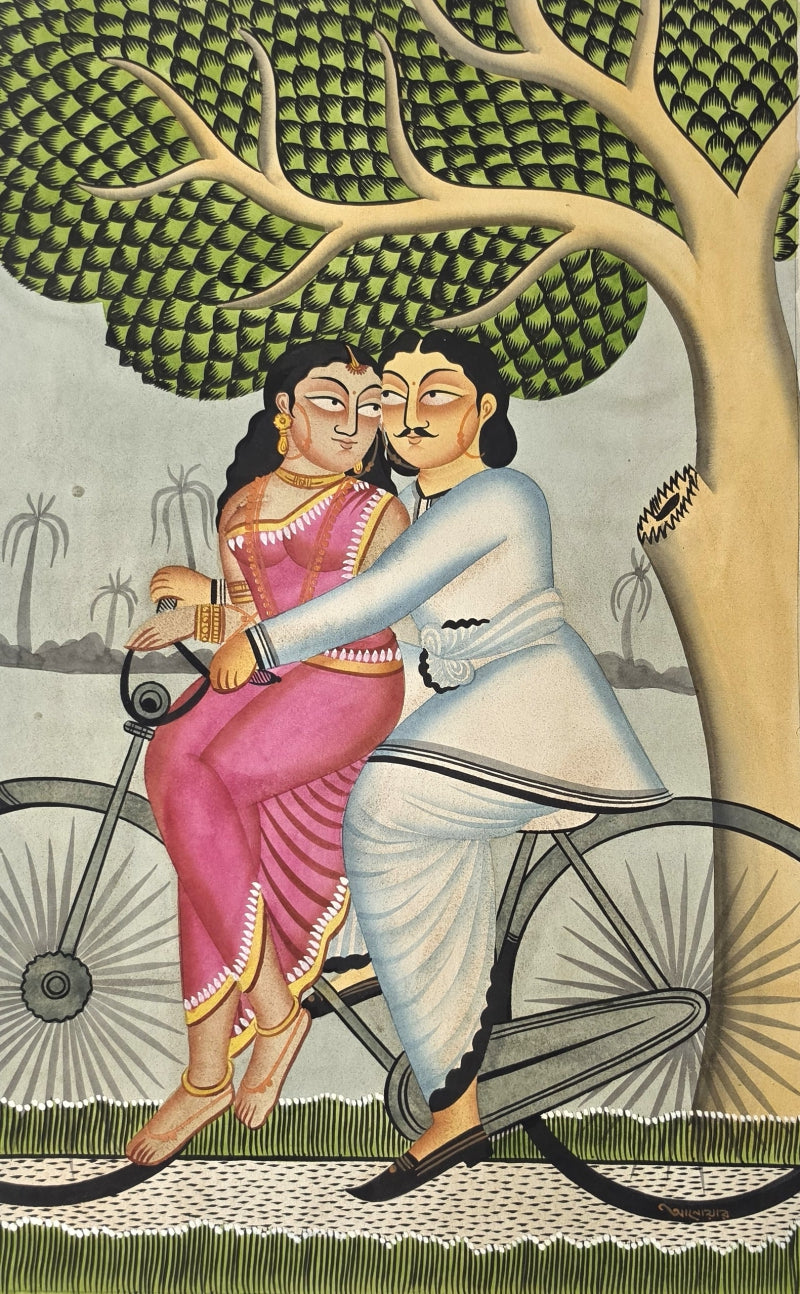 Couple 4' figurative kalighat Traditional Art by artist Anwar Chitrakar, 22x14 inch, on paper