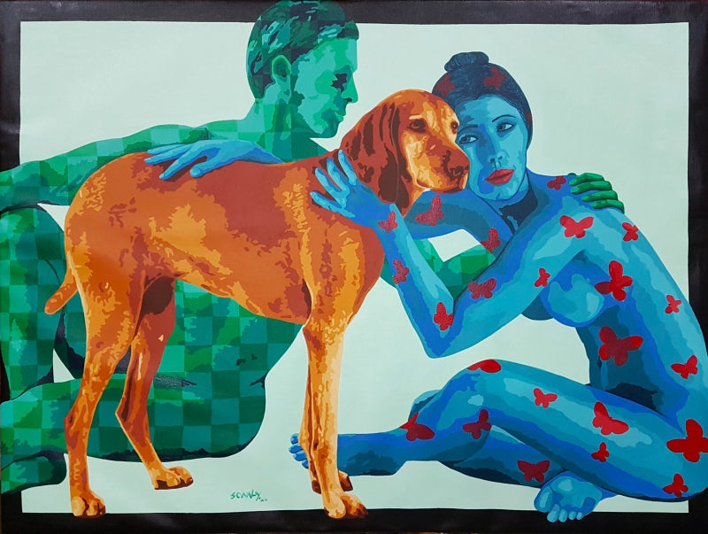Couple And Dog 2' nude acrylic painting by artist Sonaly Gandhi, 36x48 inch, on canvas