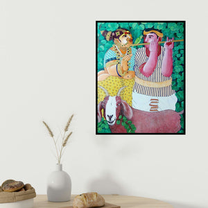 Bhawandla Narahari's 'Couple And Goat 2 (Melody of Divine Love)' painting visualized above a sofa in a contemporary room.