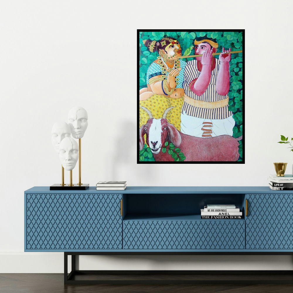 'Couple And Goat 2 (Melody of Divine Love)' painting by Bhawandla Narahari shown on a wall in a furnished room.