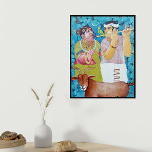 Bhawandla Narahari's 'Couple And Goat 3 (Enchanting Flute)' painting visualized above a sofa in a contemporary room.