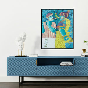 'Couple And Parrot 1' painting by Bhawandla Narahari shown on a wall in a furnished room.