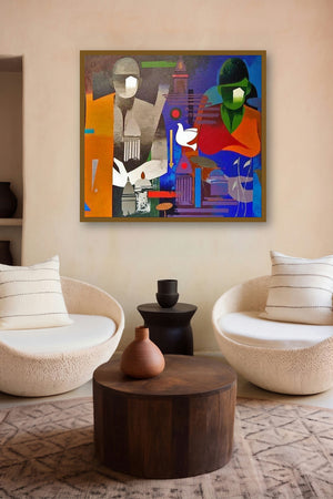 Couple Banaras (Two Worlds) by artist Ranjit Singh displayed in a Minimalist gallery