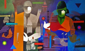 Couple Banaras (Two Worlds) by Ranjit Singh, Original Acrylic Figurative Painting on Canvas, Large Horizontal Wall Art