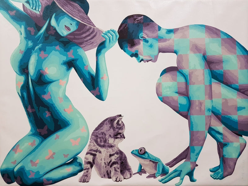 Couple Cat And Frog' nude acrylic painting by artist Sonaly Gandhi, 36x48 inch, on canvas