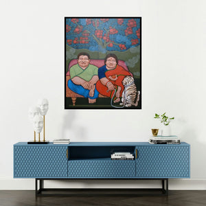 Apurba Karati's 'Couple Final (A Portrait of Apurba Karati)' painting visualized above a sofa in a contemporary room.