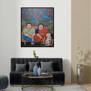 'Couple Final (A Portrait of Apurba Karati)' painting by Apurba Karati shown on a wall in a furnished room.